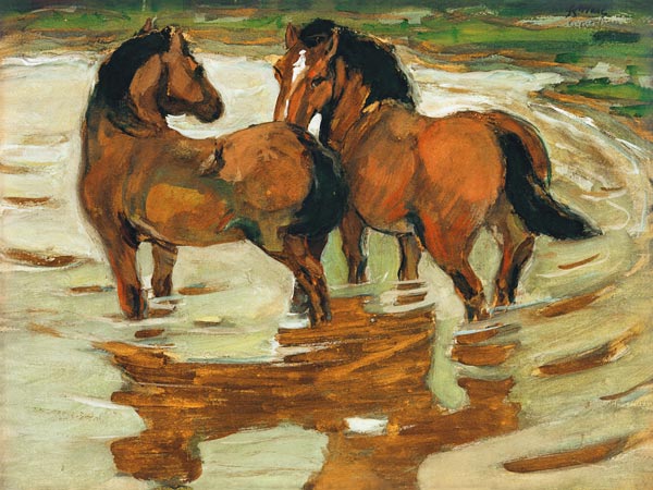 Zwei Pferde in der Schwemme van Franz Marc
