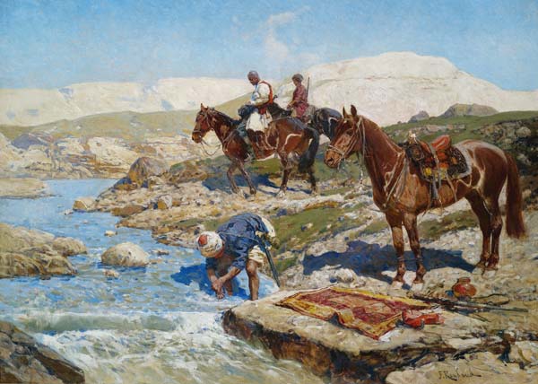 Cherkessian Horseman Crossing the River van Franz Roubaud