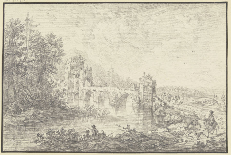 Von Türmen flankierte Brücke, im Vordergrund am Fluß ein Angler und ein Reiter van Franz Schütz