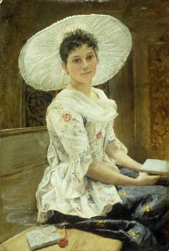 Junge Frau mit weißem Hut. van Franz Simm