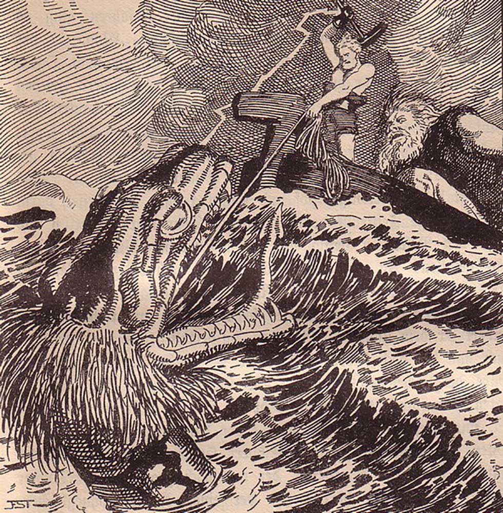 Thor and Hymir Fishing the Midgard Serpent. Illustration for "The Edda: Germanic Gods and Heroes" by van Franz Stassen