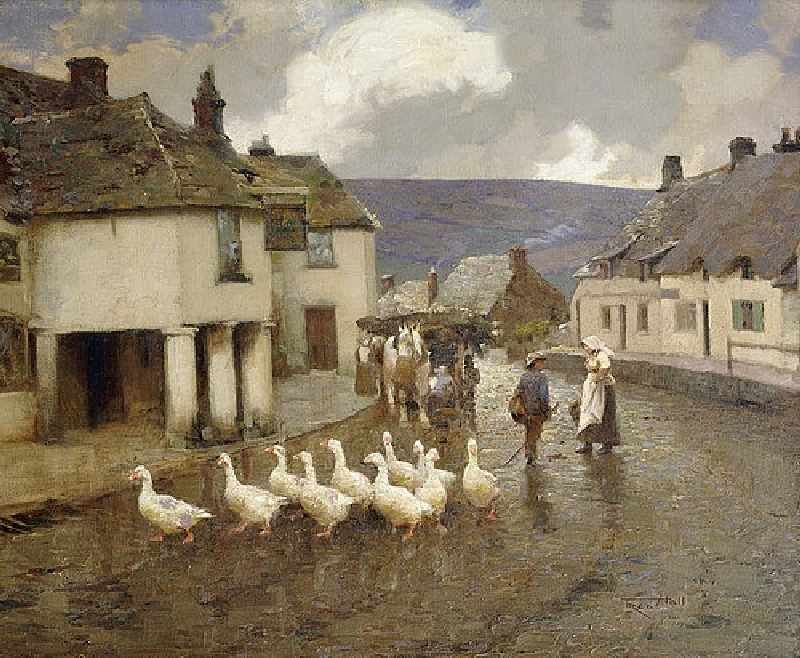 A flock of goose in front of the Greyhound Pub at Corfe Castle, Dorset van Fred Hall