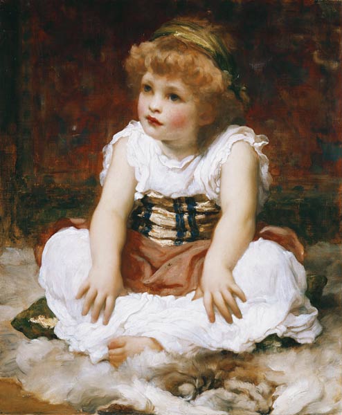 Ein Mädchen im Schneidersitz auf einem Teppich. van Frederic Leighton
