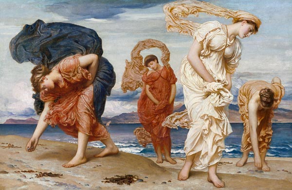 Griechische Mädchen beim Aufnehmen von Kieselsteinen am Strand van Frederic Leighton