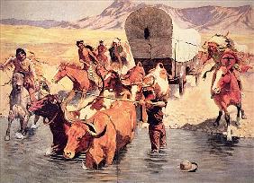 Indians attacking a pioneer wagon train