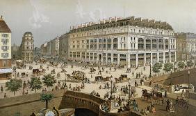 View of 'La Belle Jardiniere' department store and the Pont Neuf, c.1870-80 (colour litho)