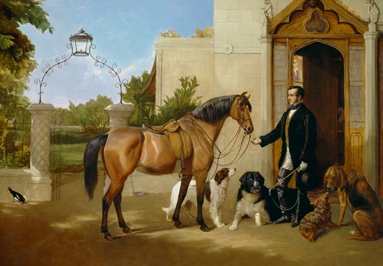 A Gentleman with his Hunter and Dogs outside his house van Frederick W. Keyl