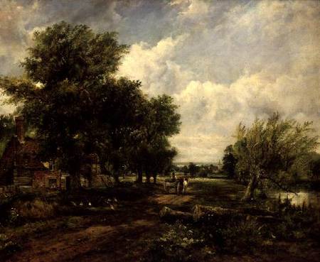 Wooded river landscape with a cottage and a horse drawn cart van Frederick Waters Watts