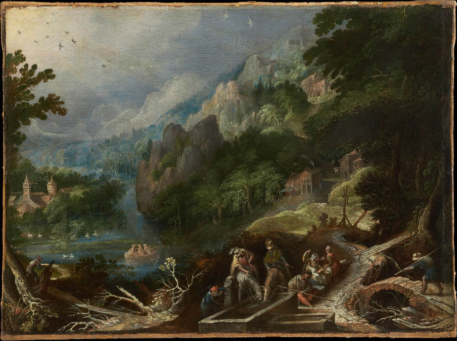 Mountain Landscape with Travelers at a Well van Frederik van Valckenborch