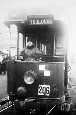 Woman driving a tram in Toulouse during World War One, 1914-18 (b/w photo)