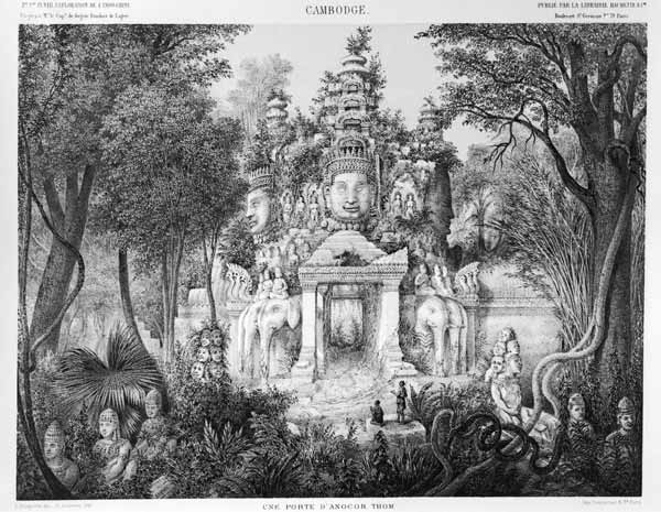 Doorway of Angkor Thom, illustration from 'Atlas du voyage d'exploration en Indochine, 1866-68' by D van French School