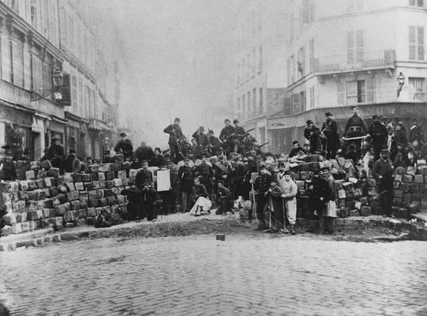 Barricade at the entrance of the Faubourg du Temple, Paris, during the Commune, 18 March 1871 (b/w p van French School