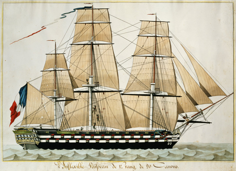 'L'Inflexible Vaisseau de v. Rang de 90 Canons' (The 90 Gun Ship of the Line) c.1835 (w/c with pen & van French School