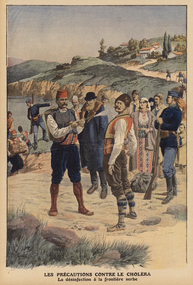 Precautions taken to prevent cholera, disinfection at the Serbian border, illustration from ''Le Pet van French School