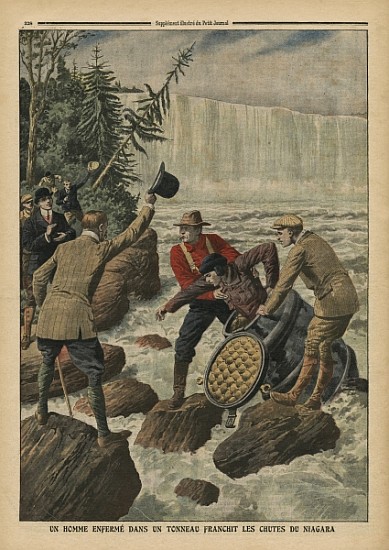 A man in a barrel crossing the Niagara Falls, illustration from ''Le Petit Journal'', supplement ill van French School
