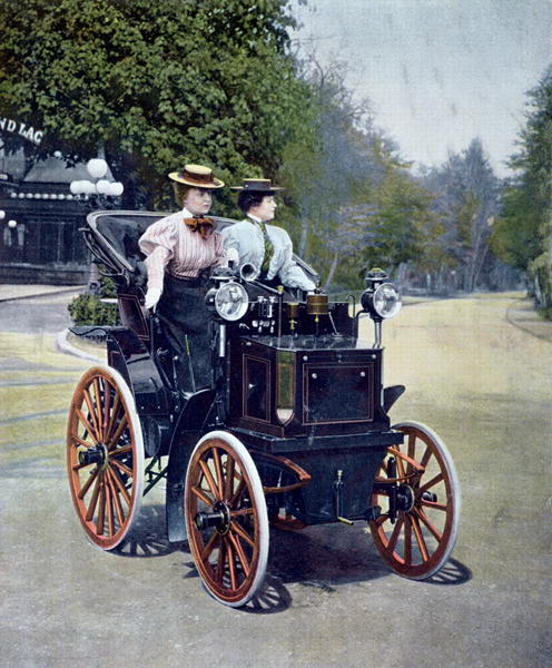 A petrol-powered Panhard Levassor Phaeton with starting handle, 1896 (coloured b/w photo)  van French School