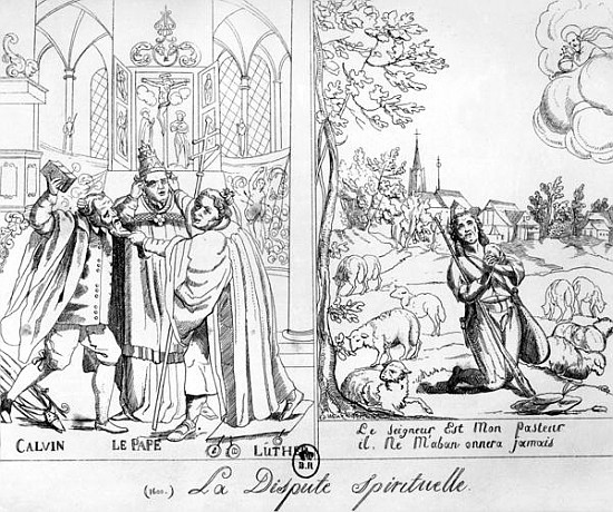 Caricature depicting a Spiritual Dispute between Pope Leo X (1476-1521) Martin Luther (1483-1546) an van French School