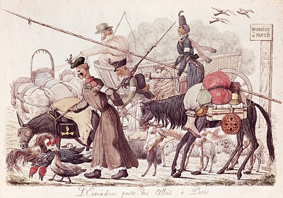 Caricature depicting the Entry into Paris of a Part of the Allied Troops, 1814 (coloured etching) van French School
