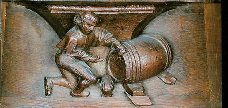 Carving depicting a man putting a tap on a barrel, from a choir stall from the Abbey of St. Lucien i van French School