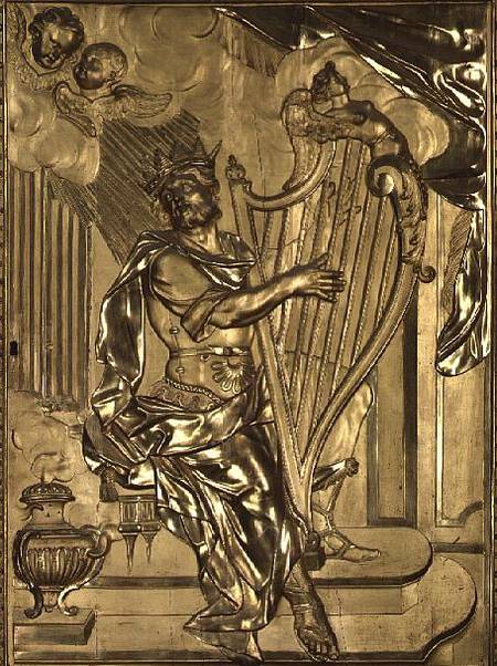 David playing the harp, detail from the organ case in the Chapel van French School