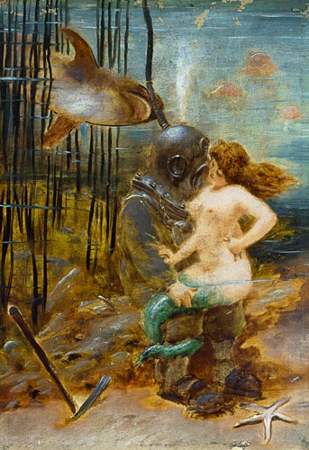 Deep Sea Diver with a Mermaid and a Shark van French School