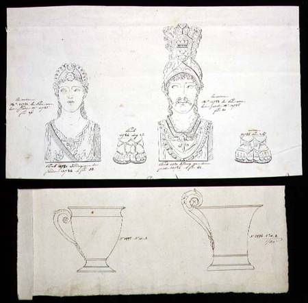 Designs for gilt bronze ormolu furniture mounts and French Empire porcelain cups van French School