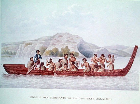 Dugout canoe piloted natives of New Zealand, illustration from ''Voyage Around the World in the Corv van French School
