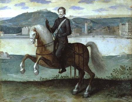 Equestrian Portrait of Henri IV (1553-1610) King of France, before the walls of Paris van French School