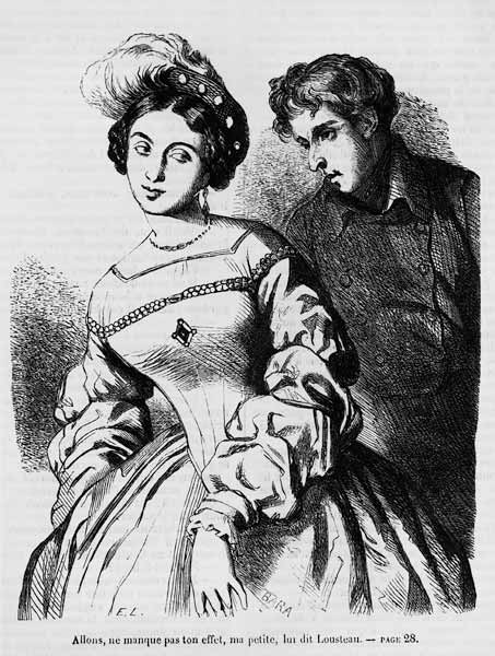 Etienne Lousteau speaking to an actress, illustration from ''Les Illusions perdues'' Honore de Balza van French School