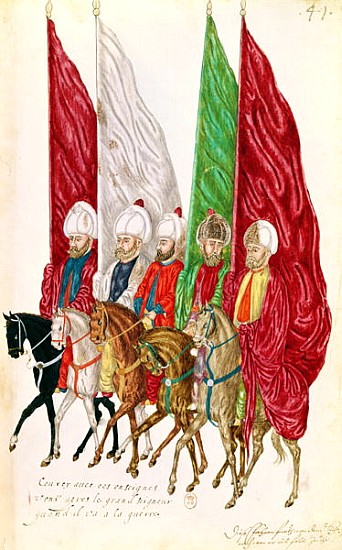 Fol.41 Men with Standards Following the Seigneur to War, from ''Moeurs et Costumes des Pays Orientau van French School