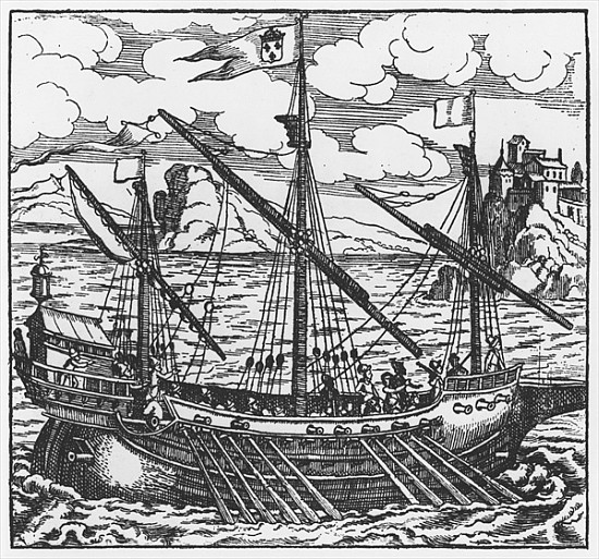 French galley operating in the ports of the Levant since Louis XI (1423-83) (xylograph) van French School