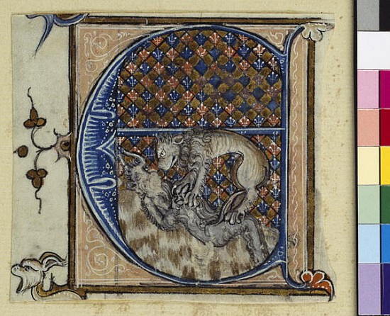 Historiated initial ''E'' depicting a lion fighting a devil, c.1320-30 van French School