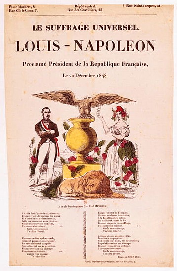 Illustrated lyric sheet for ''Le Suffrage Universel, Louis-Napoleon proclame president de la Republi van French School