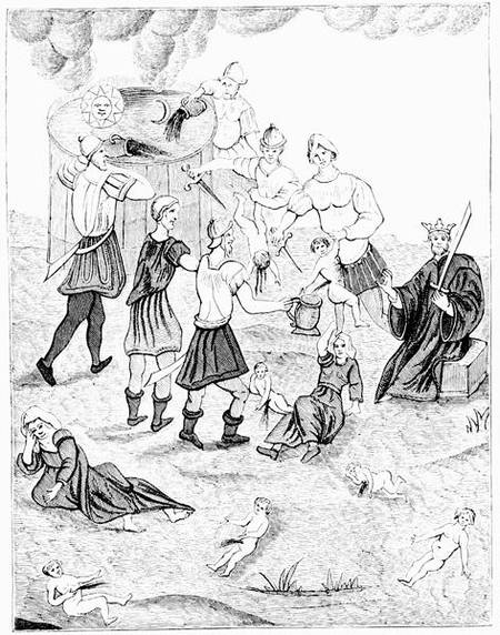 Jews taking blood from christian children for their mystic rites, after a drawing in the 'Book of Ca van French School