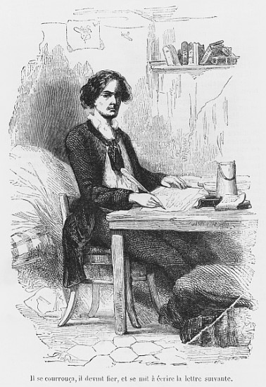 Lucien de Rubempre writing a letter, illustration from ''Les Illusions perdues'' Honore de Balzac; e van French School