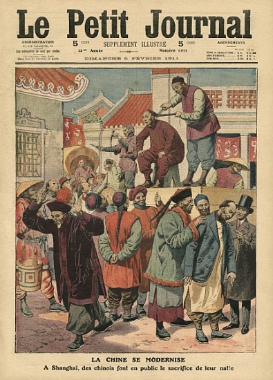 Modernisation of China, Chinese having their pigtail cut off in Shanghai, illustration from ''Le Pet van French School