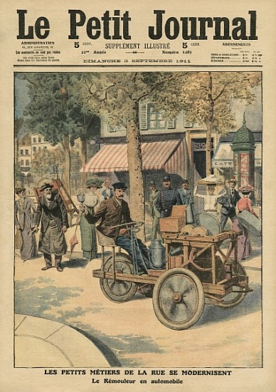 Modernisation of the street jobs, the knife grinder in his car, illustration from ''Le Petit Journal van French School