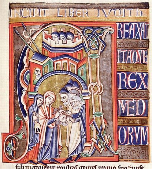 Ms 1 fol.292 Historiated initial depicting Judith with the head of Holofernes, from the Souvigny Bib van French School