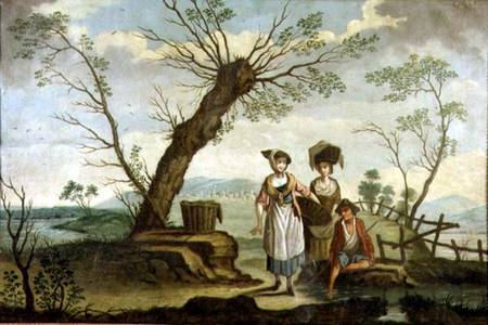Rustic landscape with washerwomen and a peasant van French School