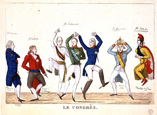 Satirical cartoon depicting the key protagonists in a dance at the Congress of Vienna in 1815 van French School