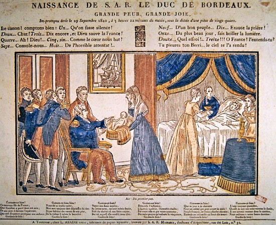 The birth of Henri Charles Ferdinand Marie Dieudonne de France, Duc de Bordeaux, Comte de Chambord o van French School