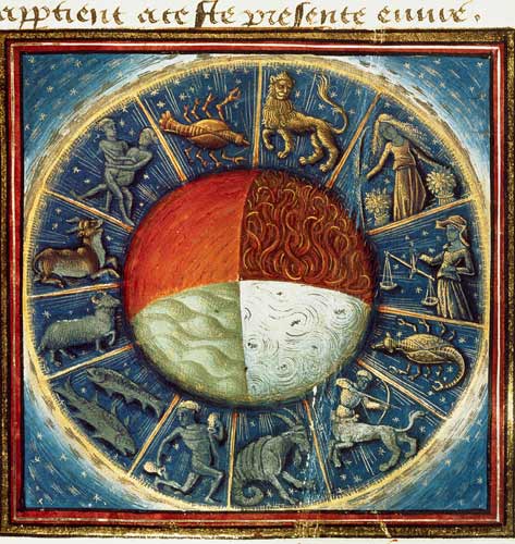 Ms Fr 135 Fol.285 The four elements of the Earth with the twelve signs of the zodiac, from 'Des Prop van French School
