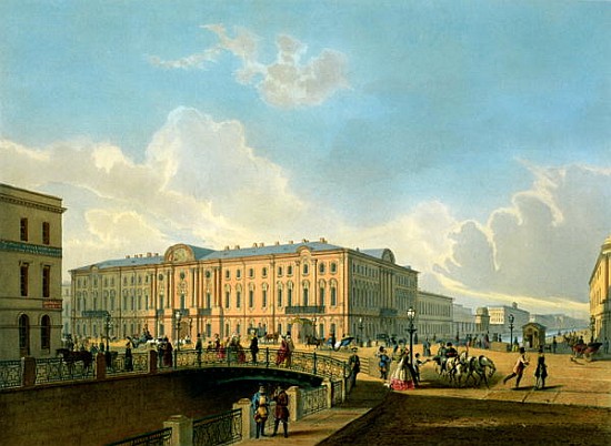 The Moyka Embankment and the Police Bridge in St. Petersburg, printed J. Jacottet and Regamey, publi van French School
