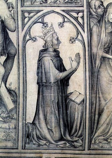 The Parement of Narbonne, detail of Charles V (1338-80) praying, c.1375 (grisaille on silk) (detail  van French School