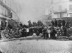 Barricade at the entrance of the Faubourg du Temple, Paris, during the Commune, 18 March 1871 (b/w p