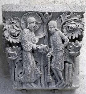God telling Adam to work the land, original capital from the cathedral nave