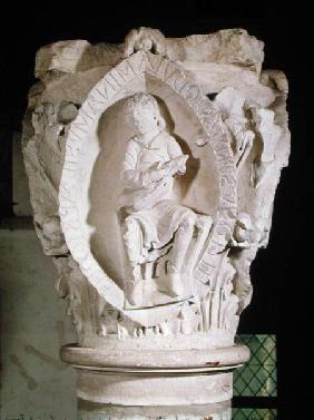 Capital depicting the First Key of Plainsong with a dulcimer player