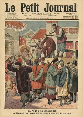 Modernisation of China, Chinese having their pigtail cut off in Shanghai, illustration from ''Le Pet