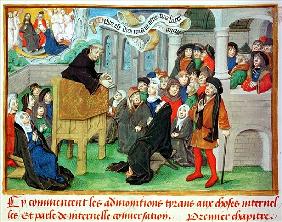 Ms.230 fol.57 Monk Preaching on Imitation, from ''Sermons sur la Passion et Traites Divers'' Jean de