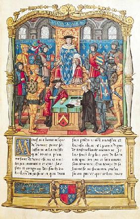 Ms 18 fol 1r Presentation of the Memoirs to Louis XI, from the Memoirs of Philippe of Commines (1445
